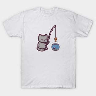 Silly Cartoon Cat Fishing T-Shirt